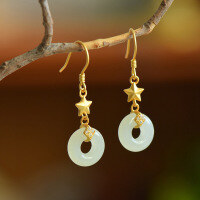 wholesale 925 Sterling Silver Vintage Style Jade Earrings with Certificate, Star-Inlaid Hetian Jade Peace Buckle Ear Hooks for Women-Gold Star Peace Buckle Earrings 925 Silver