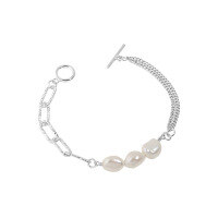 wholesale S925 Sterling Silver 010 Korean Version Ins Niche Design Baroque Freshwater Pearl OT Clasp Double Layer Chain Bracelet for Women-Silver>925 silver