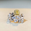 wholesale S925 Sterling Silver Adjustable Ring with Yellow Diamond, Bee, and Leaf Design for Women, Small Batch Jewelry Wholesale-0-1