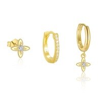 wholesale S925 Sterling Silver Bohemian Four-leaf Clover Earrings With Zirconia Flower Embossed Cross-border Wholesale-Single three-piece set 925 silver