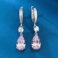 wholesale Metal Material First: Zhu Zhifan Jewelry European and American New Style Pear-shaped 7*12mm Pink Diamond Teardrop Ear Studs Ear Clip Style Daily Fashion Commuter Look-E412 Pink Diamond 925 Silver