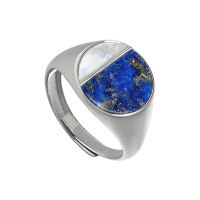 wholesale S925 Sterling Silver Original Niche Design Contemporary Chinese Light Luxury Geometric Round Natural Lapis Lazuli Shell Ring-Platinum [No. 17/Adjustable] Opening adjustable