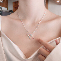 wholesale S925 Sterling Silver Korean Ins Style Bow-Shaped Necklace, Minimalist Design, Creative and Versatile Accessory-556L bright silver/approx. 6.9g 925 silver
