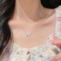 wholesale S925 Sterling Silver Young Girl Sense Butterfly Small Design Fold Pink Diamond High Ice Chalcedony Necklace Sweet Butterfly Collarbone Chain-0-1