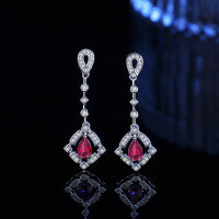 wholesale Metal material first, cross-border colored zirconia tassel earrings for women, lightweight luxury style, fashionable and minimalist, unique and niche, high-end sense, waterdrop ear wholesale-4*6 (red zircon) earrings 925 silver