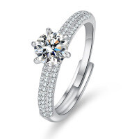PT95-Plated S925 Sterling Silver One-Carat Six-Prong Halo Diamond Ring-One-carat zircon eight hearts and eight arrows  Adjustable opening