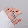 wholesale S925 Sterling Silver Irregular Open Ring with Green Zircon, Light Luxury Style, Niche Design Index Finger Ring-0-3