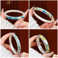 wholesale 999 Sterling Silver Antique Sand Enamel Floral Bamboo Bangle, New Retro Style Mother's Bracelet Gift-Bezel size 56mm, approx. 15g/DMXDH456 999 silver (Please consult for other bezel sizes)