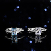 Sterling Silver Natural Blue Topaz Moissanite Princess Rectangular Ring-Inlaid with natural topaz  Adjustable opening