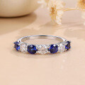 wholesale S925 Sterling Silver Plated with 18K Gold, Cross-Border New Style Moissanite Cultured Colored Gemstone 7-Stone Eternity Ring, Blue Sapphire Ring-0-1