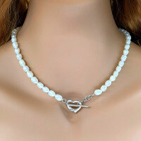 wholesale 925 Sterling Silver Natural Freshwater Pearl Rice Bead Necklace with Heart OT Clasp Cross Chain, Hot-Selling Overseas High-End Jewelry for Women-Silver OT buckle + rice bead necklace