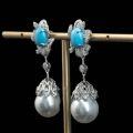 wholesale 925 Silver Gold-Plated Earrings with High-Carbon Diamonds, Blue Turquoise, Spherical Pearls, Exquisite Luxury Jewelry, Versatile Women's Earrings-0-3