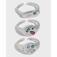 wholesale S925 Sterling Silver 612 Korean Version Ins Indie Design Geometric Micro-Pave Colored Zircon Textured Open Adjustable Ring for Women-HJZ616【White Gold】 Adjustable opening