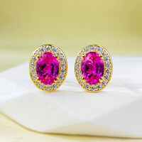 wholesale 925 Silver Plated Gold 1-carat Oval Pink Cubic Zirconia Earrings, Simple and Stylish, Versatile for Resale-E503 Pink Steel Earrings 925 Silver