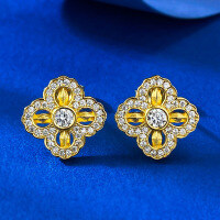 wholesale S925 silver jewelry, trending on Xiaohongshu: Cross Vajra Four-Leaf Flower Earrings, new Chinese-style national trend-E610 Gold Four-Leaf Flower Earrings>925 Silver