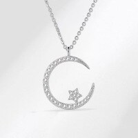 wholesale S925 Sterling Silver Women's Necklace Collarbone Chain Delicate Minimalist Personality Star Moon Niche Design Ins Trendy Fashion-Star Moon Necklace [White Gold] 925 Silver