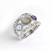 wholesale 925 Sterling Silver Vintage Style Stackable Ring Set with Gemstones, Moonstone, Amethyst, Crystal, Antique Jewelry, Light Luxury Retro-Labradorite + Amethyst Ring Set No. 12