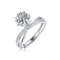 S925 Silver Moissanite Six-Claw Light Luxury Adjustable Ring-R11567 Moissanite, 1 carat/6.5mm