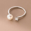 wholesale S925 Sterling Silver Single Diamond Pearl Open Ring in Minimalist Style with High-End Feel for Women's Jewelry R01738-0-2