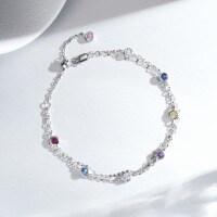 S925 Sterling Silver Double-Layer Bubble Bracelet with Rainbow Fruit-Colored Spaced Diamonds.-Silver - SL100  925 Silver