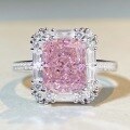 wholesale 925 sterling silver women's ring with American-style full diamond stacking, cherry blossom pink square zirconia, ins-style ring, non-fading-0-3
