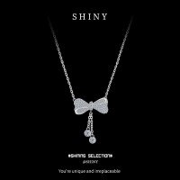 Sterling Silver Moissanite Bow Pendant Necklace for Women-S925 sterling silver white gold + 10 points moissanite