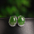 wholesale 925 sterling silver inlaid with cabochon Hetian jadeite earrings, certified ethnic retro Chinese-style jade earrings-0-0
