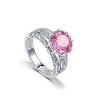 wholesale S925 Sterling Silver Cross-Border Diamond-Cut Rose Iced Zirconia Women's 11mm Ring for Cross-Border E-commerce European and American Fashion-Pink Stone US Size 12