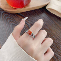 wholesale S925 Sterling Silver Creative Pastoral Style Hollow Bamboo Knot Inlaid with South Red Agate Ring Design Sense Band-1268JM/approx. 4.2g Adjustable opening