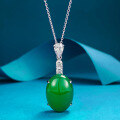 wholesale S925 silver new-style necklace with emerald-green imperial green cabochon pendant, adjustable green chalcedony necklace for live streaming-0-0