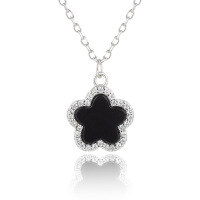 wholesale 925 Sterling Silver Black Agate Five-Leaf Clover Flower Earrings and Necklace Set, High-End Fashion Ins Cross-Border Jewelry Set-Necklace Trim-Silver 925 Silver