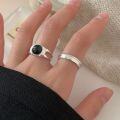 wholesale S925 Sterling Silver Black Agate Round Ring for Women, Japanese and Korean New Style Minimalist and Versatile Geometric Ring-0-0