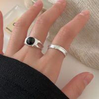 wholesale S925 Sterling Silver Black Agate Round Ring for Women, Japanese and Korean New Style Minimalist and Versatile Geometric Ring-Sterling Silver-Geometric