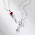 wholesale S925 Sterling Silver Cross-Border New Geometric Minimalist Cultured Ruby Key Pendant Collarbone Necklace Women Light Luxury Gemstone Necklace-0-3