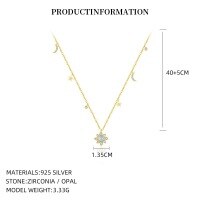wholesale S925 Sterling Silver Cross-border Imitation Opal Tassel Star Moon Sun Necklace For Women, An。-A4542_Imitation Blue Opal/White Zirconium_18K Yellow Plated 925 Silver