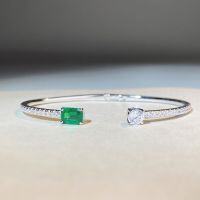 wholesale 925 Sterling Silver Women's Solid Bangle Adjustable Opening Emerald Bracelet Simple Elegant Craft Plated 18K Gold Style-Emerald-SL017 925 Silver