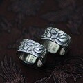 wholesale 925 Sterling Silver Retro Thai Silver Lotus Prajna Heart Sutra Ring, Ethnic Style Antique Wide Band Unisex Adjustable Open Ring-0-1
