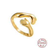 wholesale S925 Sterling Silver Minimalist Interlocking Hands Joint Ring, Open-Ended Embrace Design-Gold Adjustable opening