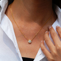 14K Gold Plated 925 Silver Full Halo Moissanite 1ct Round Pendant Necklace-1CT (Moissanite)  925 Silver