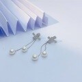 wholesale Sterling Silver Bow Pearl Earrings for Women, Small and Exquisite Design, Long Tassel Drop Earrings, Convertible Two-Way Wear Ear Jewelry-0-2