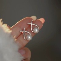 wholesale S925 Sterling Silver Diamond-Encrusted Cross Pearl Earrings, Korean-style Light Luxury Fashion Ins Wind-S925 silver pair silver 925 silver
