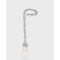 wholesale S925 Sterling Silver Original Niche Design Ins Minimalist Texture Freshwater Pearl Long Drop Ear Clip for Women Without Ear Piercing-Platinum 925 silver