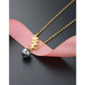 wholesale S925 silver zirconia black pearl pendant necklace with diamond-cut leaf design, Korean minimalist collarbone chain for women-0-2