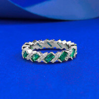 wholesale S925 silver new European and American style emerald-cut full diamond row ring, dazzling emerald ring-R1424 Green Diamond Ring>No. 9