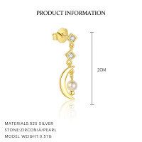 wholesale S925 Sterling Silver Long Star Moon Tassel Drop Earrings For Women, French Style Luxury With Inlaid Crystals-E4887-Gold/Single 925 Silver