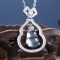 S925 Silver New Chinese Style Glass-Ice Natural Shui Mo Jade Gourd Necklace-0-0