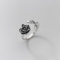 wholesale S925 Sterling Silver Women's Vintage Thai Silver Rose Flower Ring, Edgy Fashion Black Leaf Index Finger Ring J8324-0-3