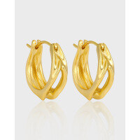 wholesale S925 Sterling Silver Small Earrings for Women, Unique Irregular Pleated Matte Hollow-Out Design with Ear Clips-18K gold 925 silver
