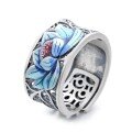 wholesale S925 Sterling Silver Retro Matte Ethnic Style Colorful Resin Hollow-Out Lotus Koi Fish Heart Sutra Adjustable Ring-0-5