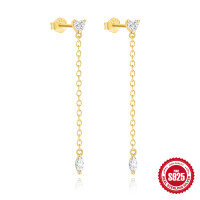 wholesale S925 Sterling Silver Tassel Chain Inlaid with Zircon Diamond Heart Earrings, Korean Style Light Luxury-Gold#1 925 Silver